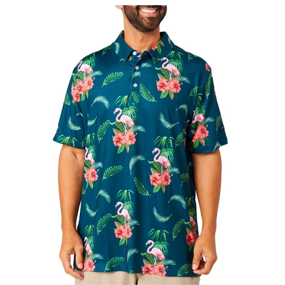 Yatta Golf Mens Large Tropical Flamingo Hibiscus Print Polo Shirt Size L Breatha
